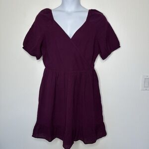 Loft Faux Wrap Dress Size 14 Purple Puff Sleeve Cotton Gauzy Beach